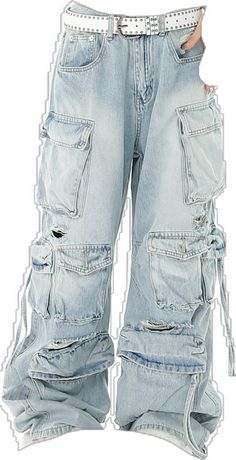 Mid-rise Ripped Cargo Jeans In Medium Wash, High Rise Ripped Cargo Jeans, Ripped High Rise Denim Cargo Jeans, High Rise Ripped Denim Cargo Jeans, Blue Ripped Cotton Cargo Jeans, Grunge Mid-rise Denim Cargo Jeans, Grunge High-rise Denim Blue Cargo Jeans, Casual Baggy Distressed Cargo Pants, High Rise Denim Blue Grunge Cargo Jeans