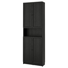 a tall black cabinet with two doors on the front and one door open to reveal it's contents