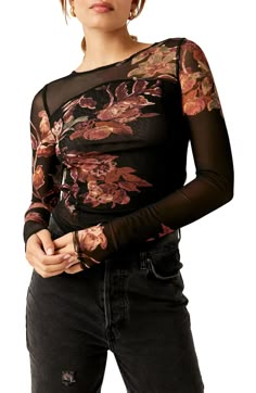 Free People Betty's Garden Mesh Top | Nordstrom Sheer Tops For Women, Mesh Long Sleeve Top, Mesh Short, Fall Blouse, Cropped Long Sleeve Top, Vintage Crop Tops, Long Sleeve Floral Top, Floral Outfit, Mesh Long Sleeve