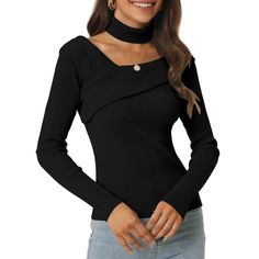 Stay cozy and stylish this season with this solid, ribbed knit, casual sweater. The v-neck slim-fit sweater top features a trendy choker neckline that adds a touch of chic to your look. It's perfect for pairing with your favorite high-waisted jeans or skirt, making it a versatile addition to your wardrobe. Whether you're heading out for a night on the town or attending a special occasion, this v-neck slim-fit sweater top with a bold choker neckline is sure to make a statement and turn heads. Casual Night Out Outfit, Skirt Making, Casual Blazer Women, Sweaters Black, Slim Fit Sweater, Blazer Jackets For Women, Casual Sweater, Luxury Women Fashion, Off Shoulder Sweater