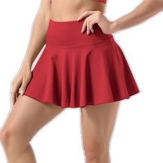 Red Short Skort With Built-in Shorts, Red Flared Skirt For Summer, Red High-waisted Stretch Skort, Red High Waist Stretch Skort, Red Summer Skort With Built-in Shorts, Red Stretch High-waisted Skort, Stretch Red Skirt, Red Stretch Skirt Solid Color, Red Stretch Skirt With Solid Color