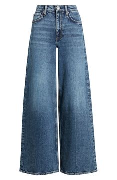 Made with the brand's widest legs yet, these jeans are cut from mid-indigo stretch denim in a length that's slightly shorter than typical wide-leg styles. 30" inseam; 24 1/2" leg opening; 12" front rise (size 26) Zip fly with button closure Five-pocket style 99% cotton, 1% elastane Machine wash, line dry Made in Turkey Rag And Bone High Waisted Jeans, Jeans With Buttons On Side, Women’s Jeans, A Line Jeans, Cute Blue Jeans, Wide Leg High Waist Jeans, Wide Legs Jeans, Wide Leg Jeans Women, Aesthetic Pants