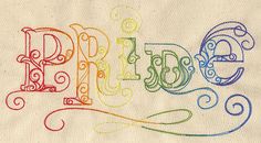 the word pride written in multicolored letters on a beige background with swirls