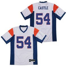 Thad Castle Blue Mountain State Football Jersey College Sportswear Jersey With Team Name, White Team Spirit Jersey For College, White Jersey For College With Team Spirit Style, White Sportswear Jersey With Letter Print, White Letter Print Sportswear Jersey, White College Jersey With Letter Print, College White Jersey With Letter Print, White Crew Neck College Jersey, Team-colored Varsity Jersey For Sports Season