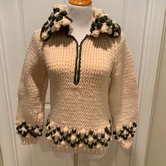 Beautiful, Hand Knit Wool Sweater, Never Worn. Ivory And Dark Green. Funky And Fun Popcorn Knit On Collar And Sleeves, Half Zip Front. Pls Ask For Measurements, If Needed! (Item 249) Cream Fitted Knitted Sweater, Fitted Cream Knitted Sweater, Cream Fitted Sweater, Fun Popcorn, Wool Sweater, Beautiful Hand, Wool Sweaters, Half Zip, Popcorn