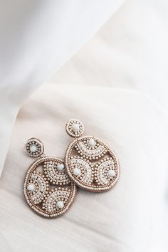 Ivory beaded pattern round earrings for all your summer outfits! Embroidered Jumpsuit, Round Earrings, Beading Patterns, Halter Neck, My Wedding, Summer Outfits, Color White, Spandex, Boutique