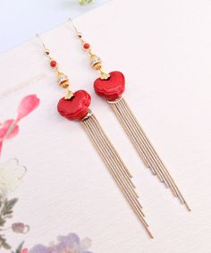 Vogue Red 14K Gold Cinnabar Ruyi Tassel Drop EarringsMade of fine 14K Gold Cinnabar Ruyi Tassel.Measurement: 12cm/4.68" * 1.8cm/0.702". Matches easily with daily hairstyle, dresses & Shirts Red Tassel Earrings For Gift, Elegant Red Jewelry With Latkans, Red Dangle Tassel Earrings As Gift, Red Dangle Tassel Earrings For Gift, Elegant Valentine's Day Earrings For Festive Occasions, Elegant Valentine's Day Festive Earrings, Red Tassel Drop Earrings Gift, Red Tasseled Jewelry As A Gift, Red Tasseled Jewelry For Gift