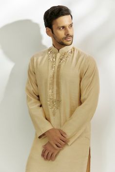 Beige kurta with zardozi and marodi work gold thread embroidery. Paired with a matching straight pant. - Aza Fashions Marodi Work, Beige Kurta, Gold Thread Embroidery, Dia Mirza, Diana Penty, Eid Party, Cocktail Reception, Luxury Sale, Kurta With Pants