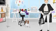 a woman standing in front of a desk with a dog on the floor next to it