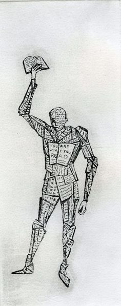 a black and white drawing of a man holding up a piece of paper in his hand