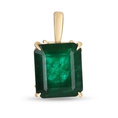 Displayed is a classic Colombian emerald solitaire necklace set in 14K yellow gold. This gorgeous solitaire pendant carries a large 4.92-carat emerald in a four-prong setting. The gem has a dark green color and very good luster. An ideal solitaire, perfect for everyday use!  Setting Style: Solitaire - Prong  Setting Material: 14K Yellow Gold Main Stone: Emerald Shape: Emerald Cut Approx Weight: 4.92-carats Color: Dark Green  Clarity: Translucent Luster: Very Good Origin: Brazil Treatments: Natural, Oiling Retail Price $9320.00 This masterpiece is made to order and takes 3-10 business days to craft. If you have a special request for a custom-created item please contact us at 1 800 840 6828. Complimentary shipping with the USA & Certification of Appraisal! Classic 14k Yellow Gold Emerald Necklace, Timeless Yellow Gold Emerald Necklace For Formal Occasions, Classic Emerald Necklace With Bezel Setting, Classic 14k Gold Emerald Necklace For May Birthstone, Formal Emerald Necklace With Bezel Setting, Classic Gold Emerald Cut Emerald Necklace, Classic Emerald Pendant Necklace In Bezel Setting, Classic Bezel Set Emerald Pendant Necklace, Classic Gold Emerald Cut Necklace