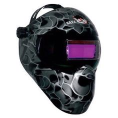 a black helmet with purple light on it