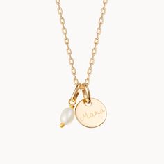 Our Personalized Mini Pearl Necklace is a timelessly elegant piece of personalized jewelry commemorate births, weddings, and special milestone moments. Celebrate new journeys ahead by personalizing this necklace with delicately hand-engraved names and dates to pair alongside a delicate pearl charm to cherish.18K Champagne Gold Plated or 925 Sterling SilverCharms measure: 0.4x0.4 (mini flat disc), 0.6x0.4 (mini pearl)Charms are removable from this chain and can be worn on all Merci Maman chain lengthsEngraved by hand in our Paris workshopSent with love in a complimentary gift boxPlease note that necklaces that have several charms may develop a certain patina, giving it a unique styleAny slight variations in lettering depth, spacing and alignment from the examples shown are part of the aesth Classic Personalized Pearl Jewelry, Classic Pendant Charm Necklace For Mother's Day, Elegant Nameplate Charm Necklace For Wedding, Minimalist Pearl Charm Necklace For Anniversary, Sterling Silver Yellow Gold Charm Necklaces With Pearl Charm, Sterling Silver Yellow Gold Charm Necklace With Pearl, Elegant Gold Birthstone Necklace For Personalized Gift, Elegant Yellow Gold Birthstone Necklace For Personalized Gift, Elegant Yellow Gold Birthstone Necklace As Personalized Gift