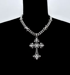 * Stainless Steel Chain * Includes a 3" extension for adjustability Silver Curb Chain Necklace With Cross Pendant, Silver Cross Chain Necklace With Curb Chain, Silver Cross Curb Chain Necklace, Chrome Heart Necklace, Gothic Cross Pendant Clavicle Chain Necklace, Chrome Cross Necklace, Affliction Necklace, Cross Necklace Goth, Chrome Hearts Cross Pendant