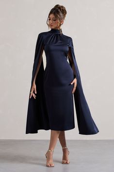 Wedding Guest Dresses & Jumpsuits Club L London – Club L London - USA Silk High Neck Midi Dress For Evening, Elegant Navy Midi Dress For Evening, Winter Mini Dresses, High Neck Midi Dress, Long Cape, Club L London, Black Dress Prom, Black Tie Gala, Cape Sleeves