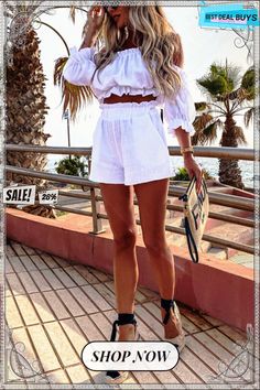 Unique Summer Off Shoulder Linen Shorts Suit Summer Short Sets With Pockets, Summer Sets With Pockets And Short Length, Fitted Shorts For Day Out At The Beach, White Two-piece Beach Bottoms Set, White Two-piece Beach Bottoms, White Summer Sets In Short Length, White Summer Sets In Short Style, White Vacation Sets Short Length, Casual Beach Sets Short Length