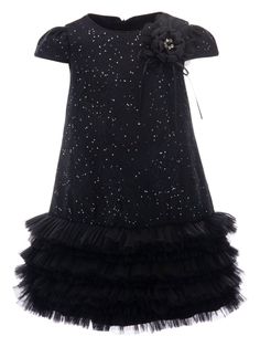 black lace detailing ruffled detailing crystal embellishment floral appliqué round neck short sleeves concealed rear zip fastening Ruffled Dress, Girls Party, Crystal Embellishment, Ruffle Dress, Special Occasion Dresses, Lace Detail, Dress Black, Black Lace, Special Occasion