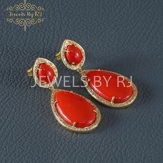 Item - 925 Silver Diamond & Gemstone Earring SKU - EAMJ-112 Metal -  925 Silver Gold Plating Stone - Synthetic Coral With Genuine Brown Diamond  ★ Notes : ✔ Don't forget to hit the favorite button in order to track the item on your favorites/wish list. ✔ Please kindly leave your phone number at checkout for delivery purposes. ♦ Other finishes and styles are available in our store! Message us for any custom work! ♦ ♥ I am more than happy to welcome you to my shop, please contact me for anything y Elegant Cubic Zirconia Earrings With Stones, Elegant Sterling Silver Earrings With Stone Setting, Elegant Cubic Zirconia Earrings With Stone Setting, Formal Drop Earrings With Stones, Formal Stone Drop Earrings, Sterling Silver Earrings With Stone Setting For Formal Occasions, Luxury Gold Earrings With Stones, Elegant Teardrop Stone Earrings, Fine Jewelry Stone Earrings For Weddings