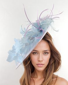 Lilac Baby Blue Derby Fascinator Hat Headband Kentucky Ascot Wedding Tea Party Statement Floral Rose Woman Headwear Powder Blue Lavender Payton - Lilac & Baby Blue Kentucky Ascot Derby Fascinator Hat The Payton saucer disc feather fascinator comprises a beautiful mass of lilac and baby blue feathers on a large sinamay disc base.  Base measures 14 inches wide This lilac and baby blue wedding fascinator is mounted with a matching headband. If you prefer a headband to match your hair, please make a Adjustable Mini Hats For Spring Ceremonies, Spring Ceremony Hat-shaped Headpiece, Spring Ceremony Hat-shape Headpiece, Blue Mini Hat For Spring Wedding, Spring Ceremony Hat Headpiece, Spring Ceremony Hat Shaped Headpiece, Elegant Light Blue Fascinator For Party, Fitted Blue Hat For Garden Party, Elegant Light Blue Party Fascinator