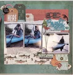 a scrapbook page with two pictures of people in kayaks