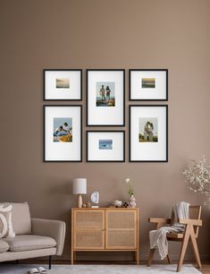 a living room filled with furniture and pictures on the wall