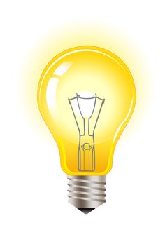 a yellow light bulb on a white background with an image of the inside of it