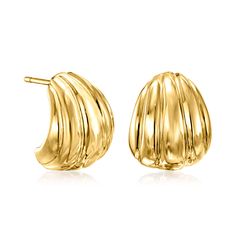 Ross-Simons - Italian 18kt Gold Over Sterling Ribbed Earrings. From Italy and shining in sunny 18kt yellow gold over sterling silver, these chic curved earrings boast a classic ribbed design and a high-polished finish. Perfect for elevating any outfit in a snap. Post/clutch, 18kt gold over sterling ribbed earrings. Plain Earrings, Curved Earrings, Earrings Ideas, 18k Gold Earrings, Cute Jewelry, Jewelry Inspiration, Sunnies, Gold Earrings, Piercings