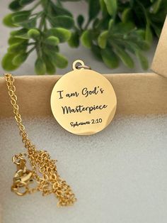 A beautiful disc gold necklace engraved with "I am God's Masterpiece". Necklace is 18" adjustable 16K Gold Plated Dainty chain. Great women's gift, Baptism, affirmation, motivational. Charms are gold plated over stainless steel. Plated jewelry is a wonderful, affordable way to add a sophisticated look to your wardrobe, with the look of real gold. It is also an excellent choice for people with sensitive skin. CARE TIPS: Avoid contact with perfumes, body oils, and other chemicals, including househ Personalized Gold Necklaces With Meaningful Style, Meaningful Personalized Gold Necklaces, Personalized Gold Necklaces, Personalized Meaningful Gold Necklaces, Meaningful Gold Necklace For Personalized Gift, Meaningful Personalized Gold Necklace, Meaningful Gold Name Necklace For Gift, Meaningful Gold Name Necklace As Gift, Personalized Meaningful Gold Jewelry