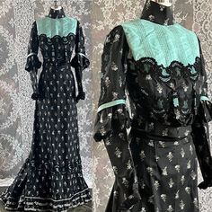 "This early Edwardian 2-piece dress combines a black silk floral print with a striking robin-egg-blue silk yoke. The lightweight silk has a print of tiny white and blue irises on green stems over small white lines that look like water riffles. At the lower edge of the yoke and also about 4\" below it, as well as at the over-sleeves is a beautiful black lace outlined with gimp that is appliquéd over the aqua [aka robin-egg-blue, but much shorter to type] silk. This black lace has a large floral d Black Silk Fabric, House Of Mirth, Iris Print, The House Of Mirth, Robin Egg Blue, The Roaring 20s, Villain Character, Bellingham Wa, Printed Gowns