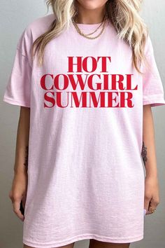 HOT COWGIRL SUMMER OVERSIZED GRAPHIC TEEPREMIUM COTTONOVERSIZED FIT Pink Cotton T-shirt For Summer, White Print Text T-shirt For Summer, Pink Short Sleeve T-shirt For Summer, Cool Letter Print T-shirt For Spring, Cool Spring T-shirt With Text Print, Cool Summer Tops With Crew Neck, Cool Crew Neck Summer Tops, Cool Summer Tops With Letter Print, Cool Crew Neck Tops For Summer