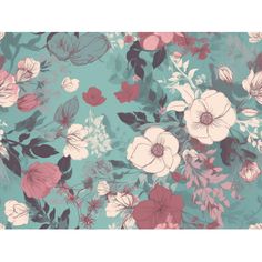 a floral wallpaper with pink, red and white flowers on a blue background in shades of teal