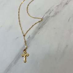 Icon Cross Necklace Necklaces Dainty Crucifix Necklace With Adjustable Chain, Dainty Crucifix Cross Necklace With Delicate Chain, Dainty 14k Gold Cross Necklace With Delicate Chain, Dainty Charm Necklace With Cross Pendant And Adjustable Chain, Gold Cross Necklace With Dainty Chain, 14k Gold Filled Cross Necklace With Delicate Chain, Crucifix Necklace, French Collection, Bar Jewelry