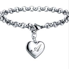 Heart Charm Bracelet Unique Adjustable Heart-Shaped Letter Bracelet, Specially Created For Women. The Heart Symbol Is Embellished With A Letter To Make It Truly Eye-Catching. Perfect For Everyday Wear And Other Special Occasions, To Express Your Love Hypoallergenic: Made Of High-Quality Stainless Steel, The Bracelet Will Never Be Oxidized, Colored, Or Dirty, Not Easy To Fade, Reduce Allergies, Will Not Irritate The Skin, And Will Not Be Heavy Made Of High-Quality Stainless Steel, The Bracelet Wi Cute Charm Bracelet, Stainless Steel Bracelets With Heart Charm, Heart-shaped Stainless Steel Charm Bracelet For Anniversary, Heart-shaped Stainless Steel Bracelet For Mother's Day, Heart Charm Bracelet For Anniversary, Heart-shaped Stainless Steel Charm Bracelet For Mother's Day, Heart-shaped Engraved Charm Bracelet, Elegant Heart-shaped Stainless Steel Charm Bracelet, Heart-shaped Charm Bracelet For Personalized Gift