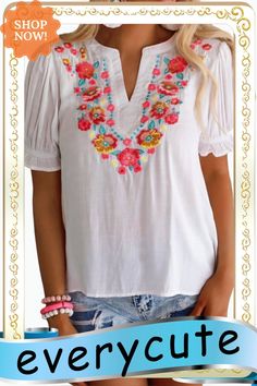 White Floral Embroidered Ruffled Puff Sleeve Blouse Summer Embroidered V-neck Peasant Top, Summer Embroidered Feminine Blouse, Feminine Embroidered Summer Blouse, Summer Feminine Embroidered Blouse, Bohemian Puff Sleeve Summer Tops, White Puff Sleeve Embroidered Top For Summer, Bohemian Summer Top With Puff Sleeves, Summer Bohemian Top With Puff Sleeves, Summer Floral Embroidery Puff Sleeve Tops