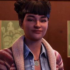 an animated woman wearing a sweater and cardigan in the video game life is strange