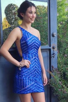 One Shoulder Royal Blue Sequin Short Dress Sequin Short Dress, Sequin Short, Winter Formal Dresses, Junior Prom Dresses, Corset Bodice, Short Prom Dress, Sweet 16 Dresses, Sequin Shorts, Royal Blue Color