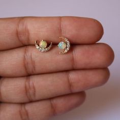 Australian Opal Gemstone Half Moon Studs in 14k Yellow Gold | Etsy Elegant Crescent Birthstone Jewelry, Elegant Crescent Shaped Birthstone Jewelry, Elegant Crescent-shaped Birthstone Jewelry, Dainty Moon-shaped Birthstone Jewelry, Dainty Yellow Gold Earrings With Moon Charm, Yellow Gold Moon Shaped Jewelry With Birthstone, Gold Celestial Earrings With Diamond Accents, Celestial Gold Earrings With Diamond Accents, 14k Gold Crescent Pierced Jewelry