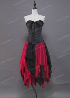 Red Dress With Fitted Bodice For Costume Party, Red Fitted Bodice Dress For Costume Party, Gothic Fitted Dress For Party Season, Gothic A-line Party Dress, Gothic Dress With Sweetheart Neckline, Fitted Gothic Dresses For Party Season, Gothic A-line Dress For Night Out, Red Strapless Dress With Ruffles For Party, Red Ruffled Strapless Dress For Party