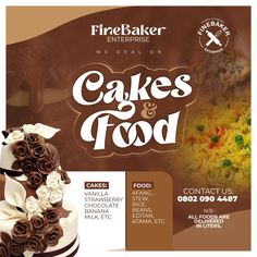 a poster advertising cakes and food