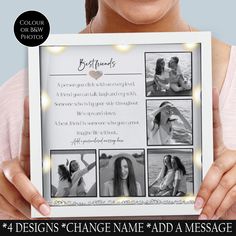 a woman holding up a photo frame with four photos on it and the words, designs change