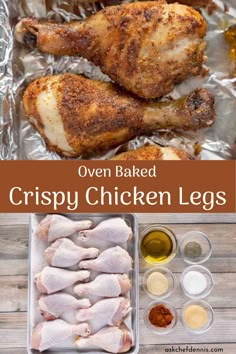 oven baked crispy chicken legs in tin foil with spices and seasonings on the side