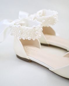 Flat Shoes For Bride, White Satin Bow Wedding Shoes For Bridesmaids, White Pearl Embellished Wedding Shoes For Bridesmaids, Peach Champagne Wedding, Flat Wedding Shoes For Bride, Bride Flats, Bridal Things, Socks For Flats, Bridal Flats