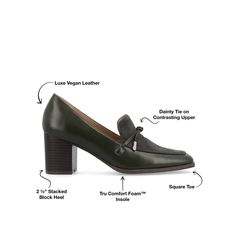 The Crawford loafer heel from Journee Collection seamlessly combines style and comfort with its square-toe design and convenient slip-on loafer style. Featuring a 4 mm Tru Comfort Foam™ footbed, these heels prioritize comfort for everyday wear. The 2 1/2-inch block heel and faux leather uppers add an element of sophistication to elevate your look effortlessly. • Square-Toe • Slip-On Loafer Style • 4 mm Tru Comfort Foam™ Footbed • 2 1/2- in Block Heel • Faux Leather Uppers All measurements are approximate and were taken using a size 6. Please note measurements may vary slightly by size. Square Toe Block Heels With Padded Heel For Work, Workwear Block Heels With Padded Heel And Square Toe, Chic Loafers With Padded Heel And Square Toe, Chic Square Toe Loafers With Padded Heel, Square Toe Loafers With Padded Heel For Office, Square Toe Block Heels With Stacked Heel For Work, Business Loafers With Stacked Heel And Square Toe, Office Loafers With Padded Heel And Square Toe, Slip-on Loafers With Padded Heel For Office