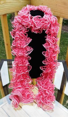 Pink with Silver Trim Yarn Hand Knit Ruffle Scarf Pink Scarves For Spring, One Size, Pink One Size Scarves For Spring, Pink One-size Scarves For Spring, Pink One Size Scarf For Spring, Loom Knitting Patterns, Ruffle Scarf, Pink Scarf, Hanging Wreath, Ribbon Wreath