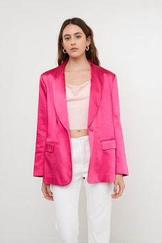 Elevate your style and step up your game with this blazer. With its sleek and shiny satin finish, this blazer is perfect for making a statement. It features a shawl collar, single button closure and welt pockets with flap. Plus, it's machine-washable so you can keep it looking fresh all year long. Whether you're dressing up for a formal event or just want to add a touch of sophistication to your everyday look, this blazer is the perfect choice. Shawl collar Single button closure Welt pockets wit Tailored Satin Blazer For Semi-formal Occasions, Spring Evening Blazer With Lapel Collar, Evening Blazer With Lapel Collar For Spring, Chic Single-button Silk Blazer, Single Breasted Satin Outerwear With Suit Collar, Single-breasted Satin Outerwear With Suit Collar, Chic Single Button Blazer For Night Out, Silk Single Button Blazer With Lapel Collar, Silk Single Button Blazer For Workwear