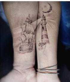 two people with matching tattoos on their arms, one has a lighthouse and the other has a ship