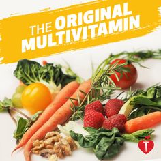 an advertisement for the original multi - vitamin brand with fresh fruits and vegetables on it