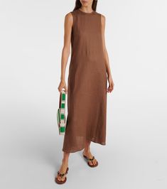 Tallin linen maxi dress in brown - Asceno | Mytheresa Brown Linen Maxi Dress For The Beach, Brown Linen Dress For The Beach, Linen Midi Dress With Side Slits, Linen Maxi Dress With Side Slits, Linen Dress With Side Slits, Casual Brown Linen Maxi Dress, Elegant Linen Dress With Side Slits, Brown Maxi Dress With Side Slits, Vacation Linen Maxi Dress