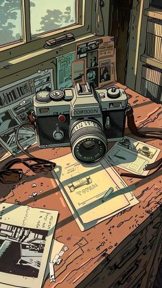 an old fashioned camera sitting on top of a wooden table next to books and papers