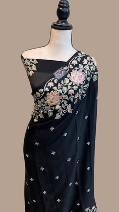 Pure Georgette Chikankari Handloom Banarasi Saree Prebooking Semi-stitched Georgette Saree With Cutdana, Embroidered Georgette Fabric For Saree, Georgette Saree With Cutdana, Diwali Black Saree With Chikankari Embroidery, Black Saree With Chikankari Embroidery, Festive Black Saree With Chikankari Embroidery, Transitional Georgette Saree With Pallu, Black Dola Silk Saree With Cutdana, Black Traditional Saree With Chikankari Embroidery